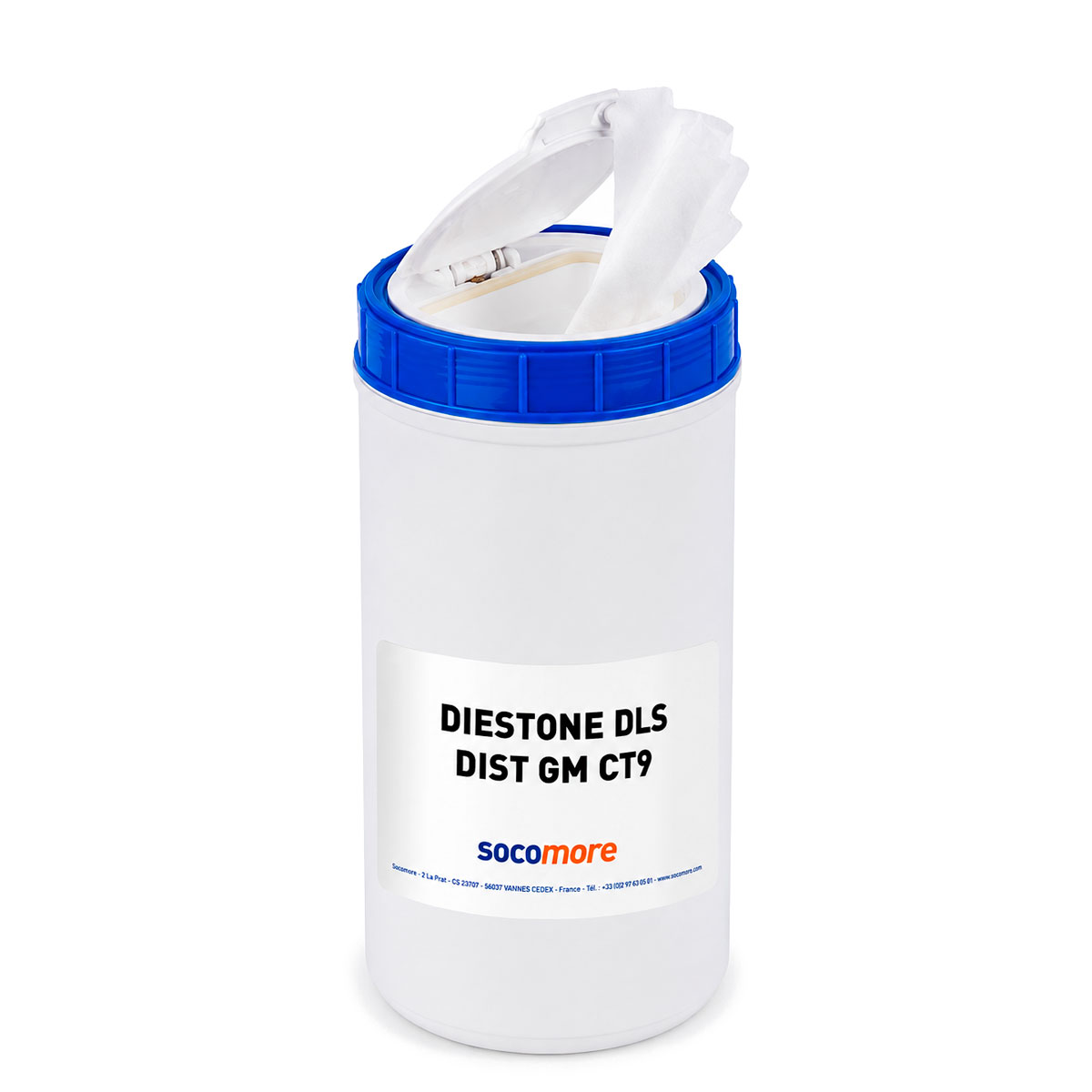 Cubo dispensador Socomore T120197 para almacenamiento y distribución de toallitas de limpieza industrial