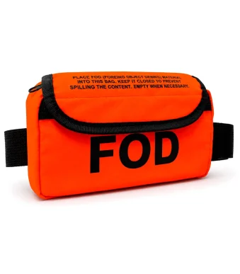 Bolsa FOD riñonera naranja para aeronáutica con cierre de cremallera e interior blanco. FOD bag aerospace